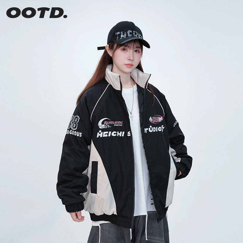 Retro Printing Color Contrast Stand Collar New Loose Casual Cotton-padded Jacket Coat