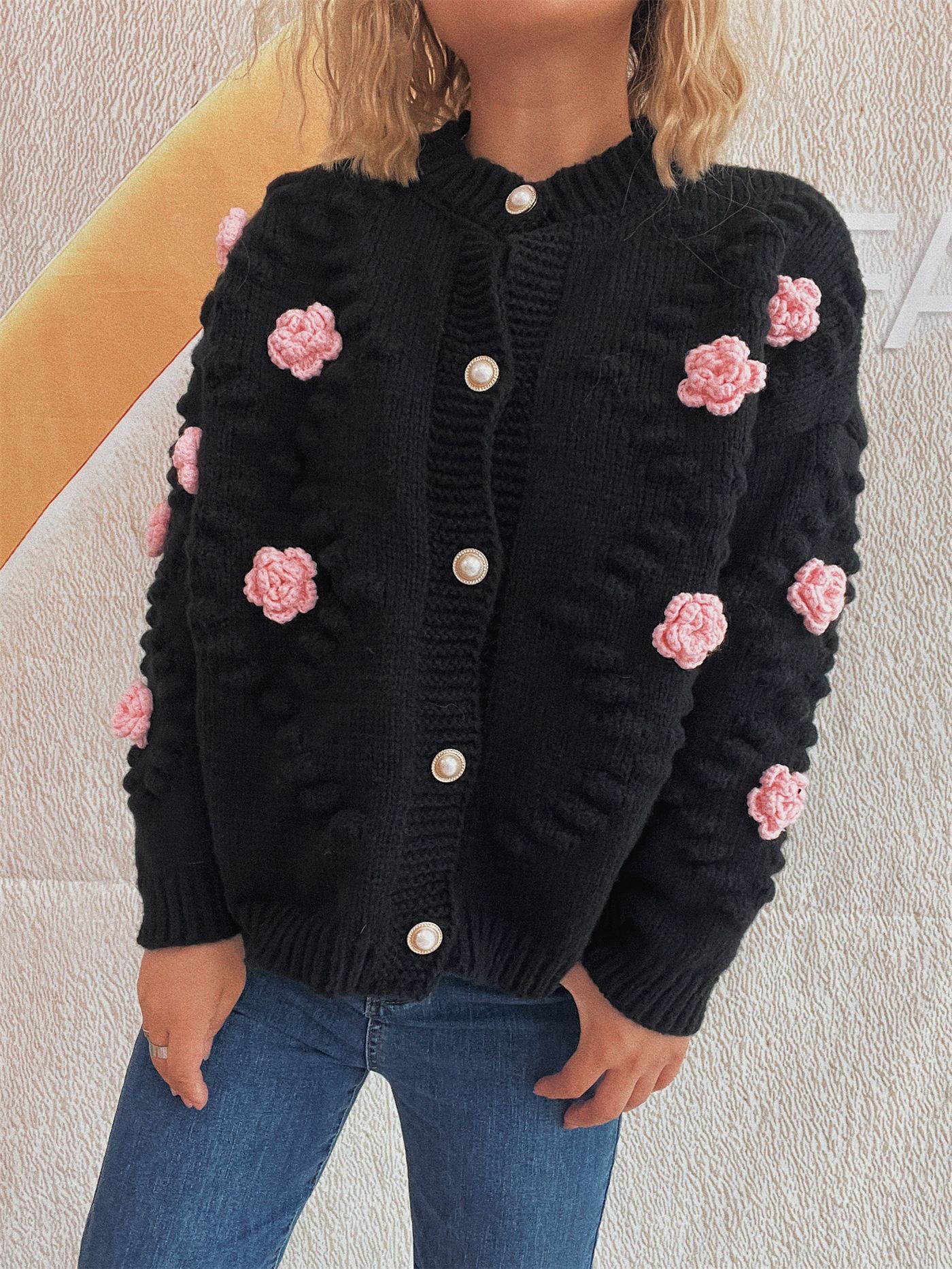 Cute Three-dimensional Flower Decorative Knitted Cardigan Round Neck Sweater