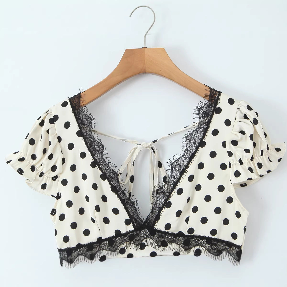 Casual Lace V-neck Design Printed Polka Dot Dress