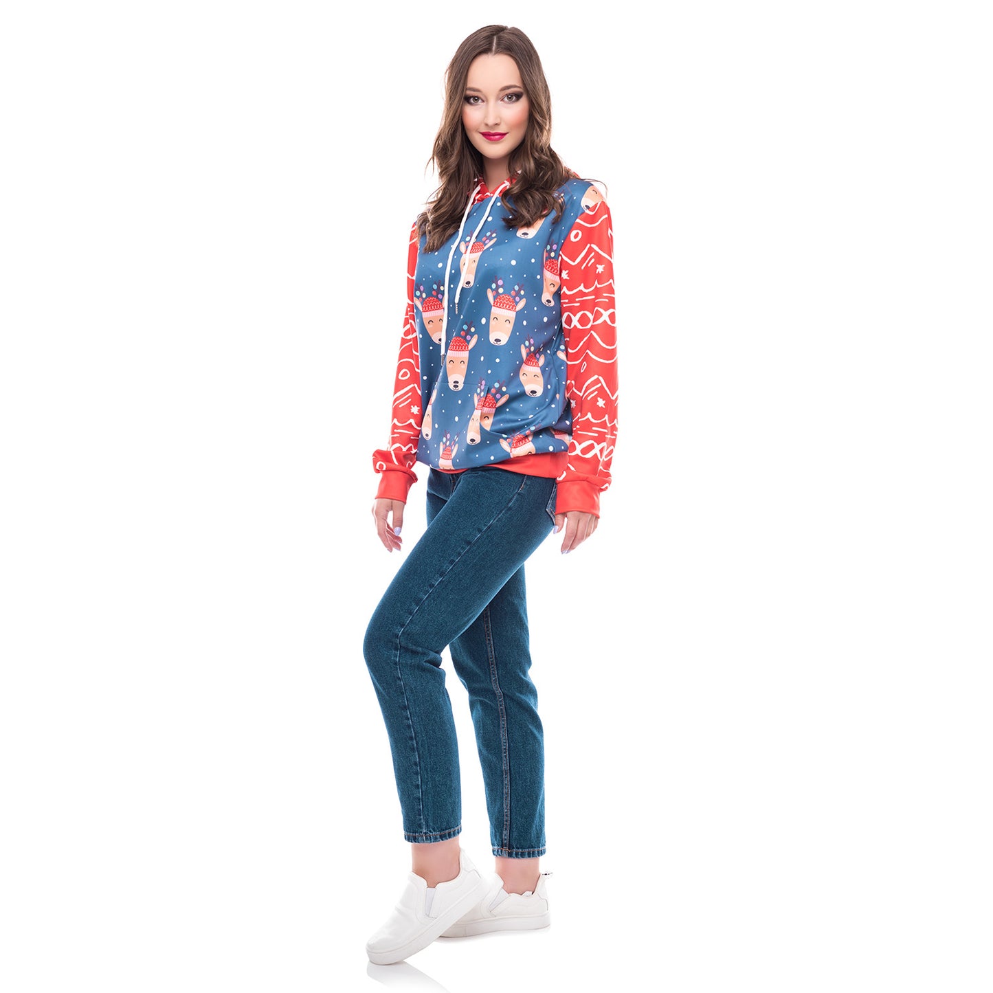 Dame jule løs alsidig hætte sweatshirt med kreativt digitalprint