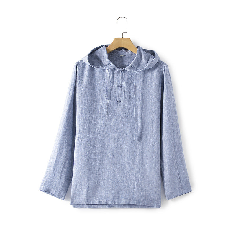 Linen Men's Loose Solid Color Hooded Casual Shirt