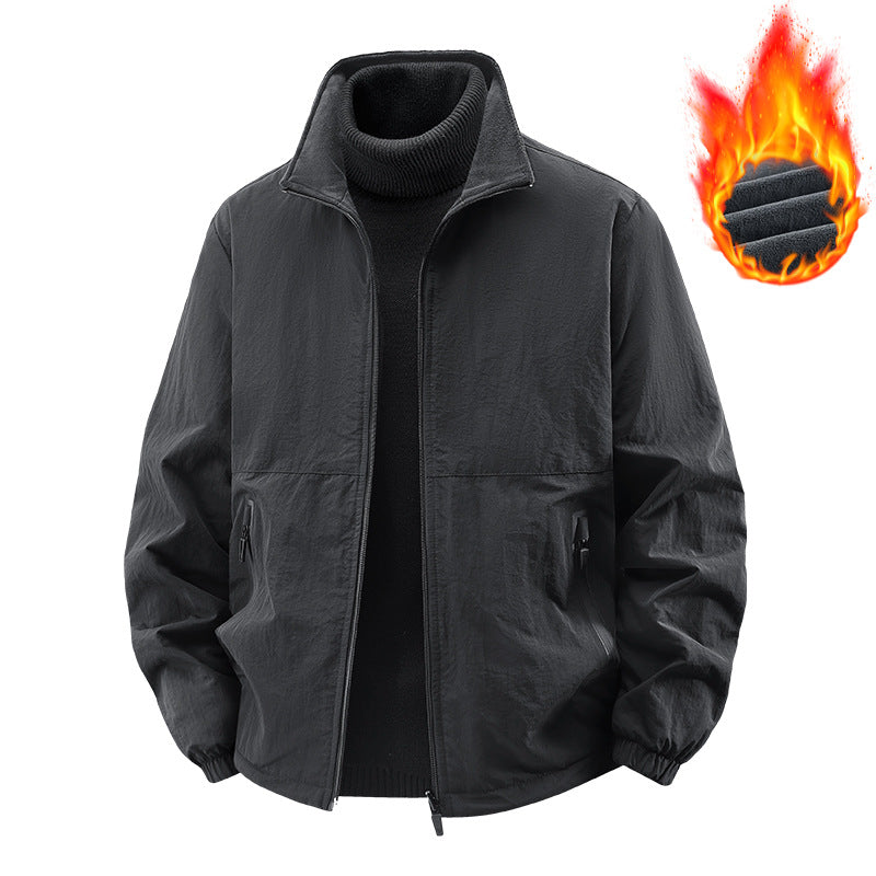 Fleece-lined Casual Jacket Coat Young And Middle-aged Stand Collar Loose Top