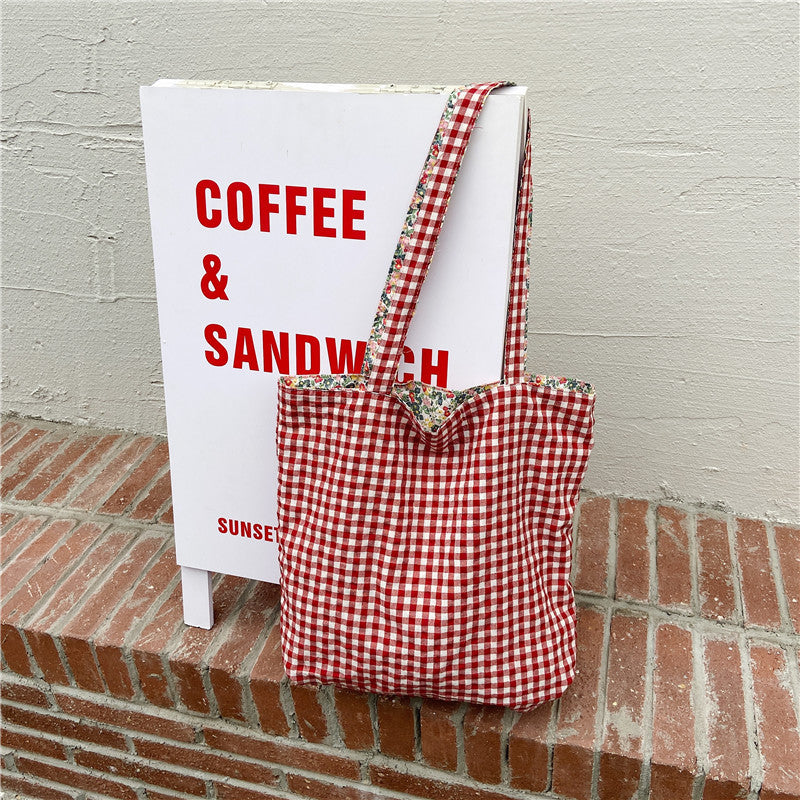 Women's Plaid Floral Stitching Canvas Bag