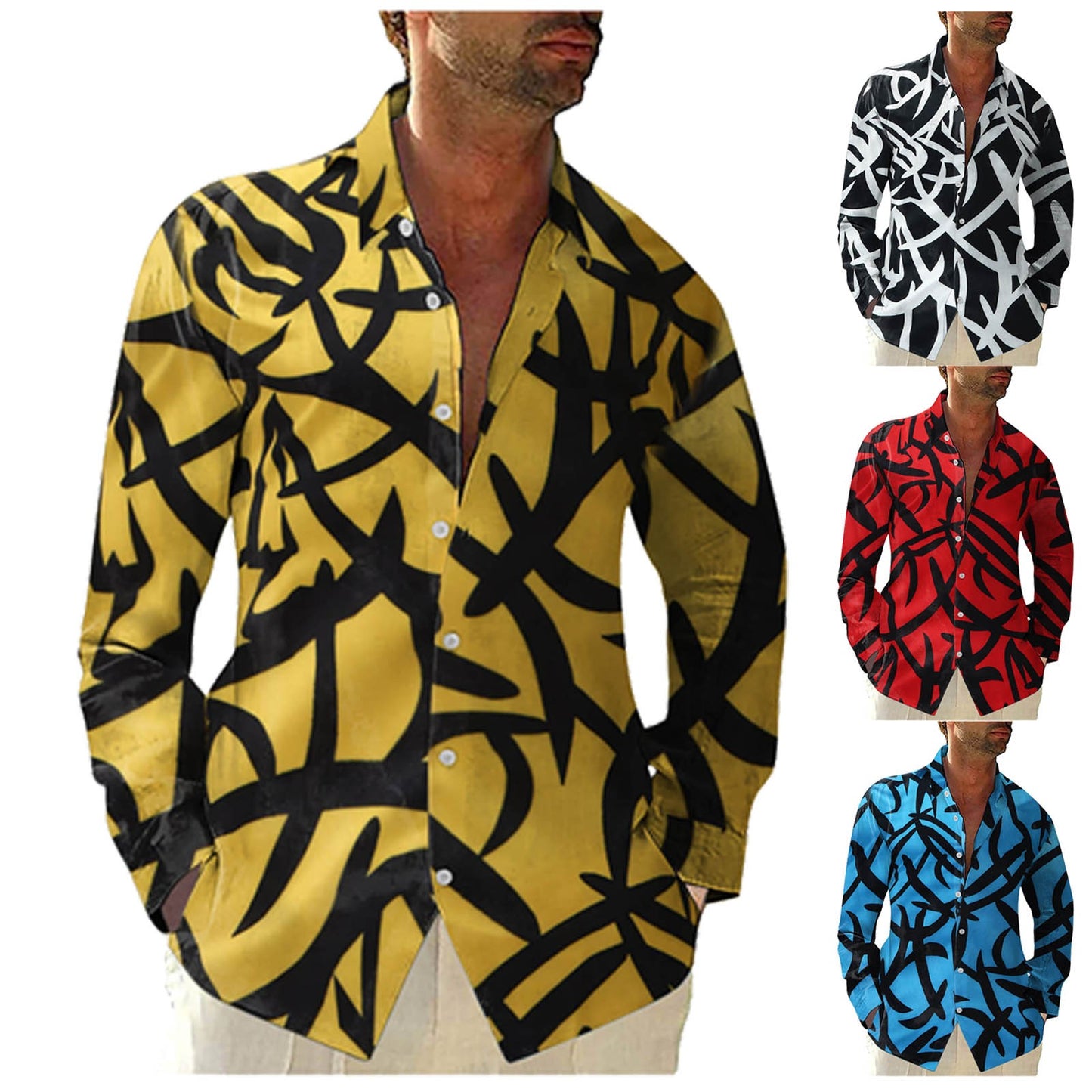 Men's Beach Print Casual Loose Long Sleeve Lapel Men's Top