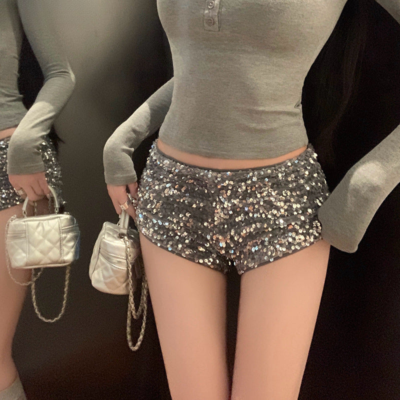 Retro Sequin Slim-fit Ultra-tight Letter-print Casual Shorts
