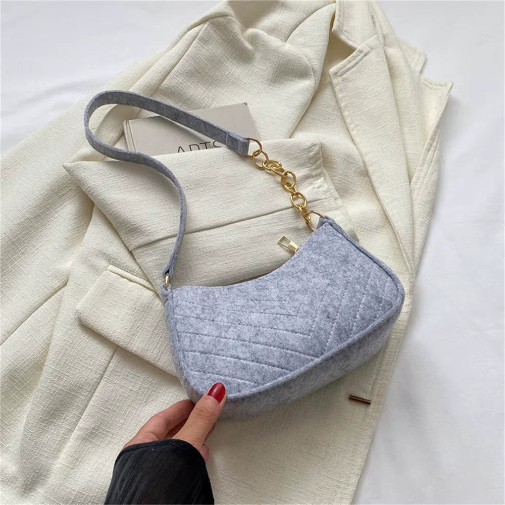 Women’s Retro Felt Underarm Bag - Solid Color Shoulder Bag, Casual Dumpling Crossbody Purse