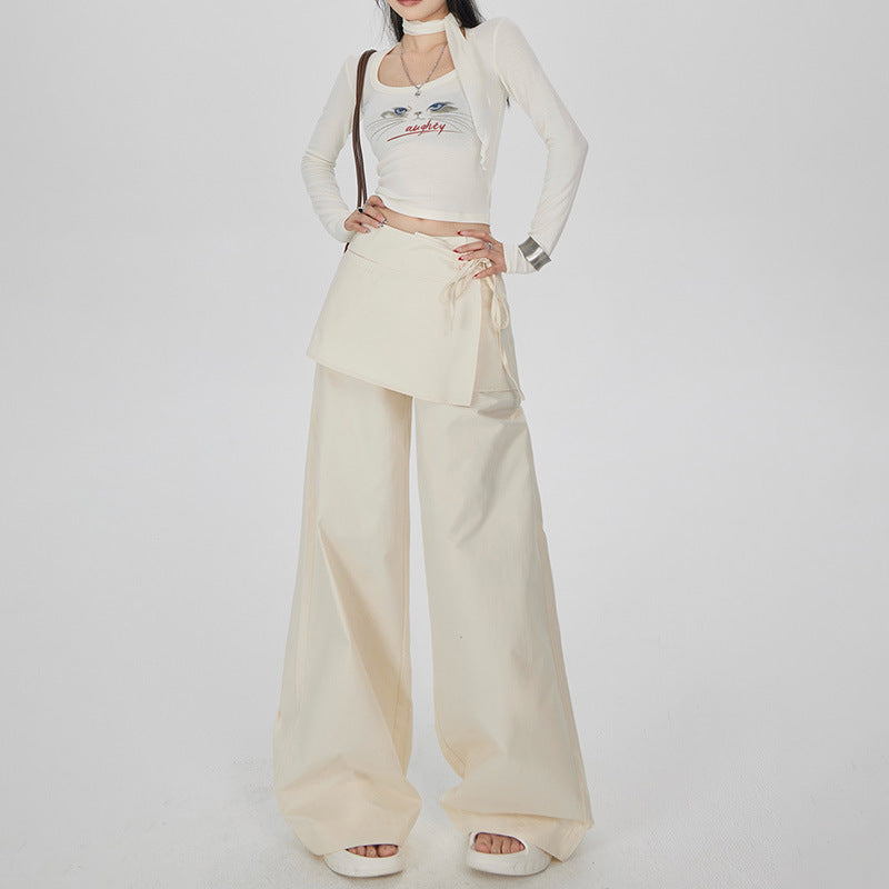 Hot Girl Bandage Dress Fake Two-piece Casual Wide-leg Pants Slimming Straight-leg Trousers