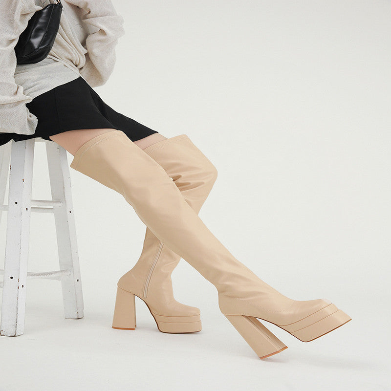 European And American New Square Head Platform Thick Heel Over The Knee Fashion