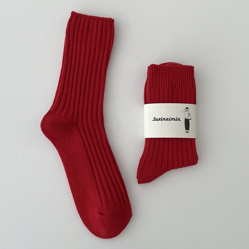 Women's Red Middle Tube Cotton Socks