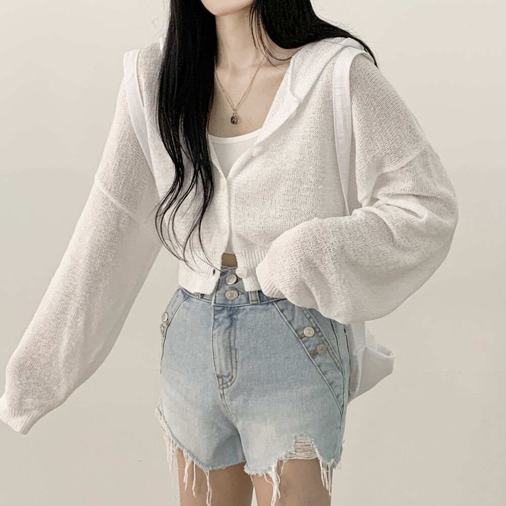Lazy Style Thin Short Ice Silk Loose Lantern Sleeve Hooded Long-sleeved Cardigan