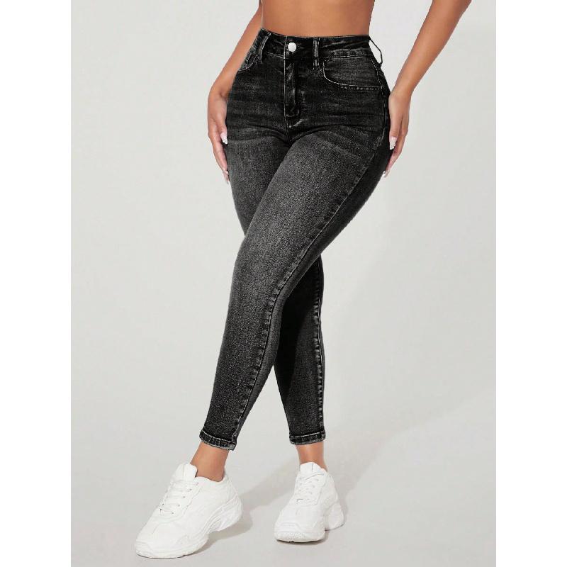 High Waist Fastener Decoration Skinny Stretch Jeans