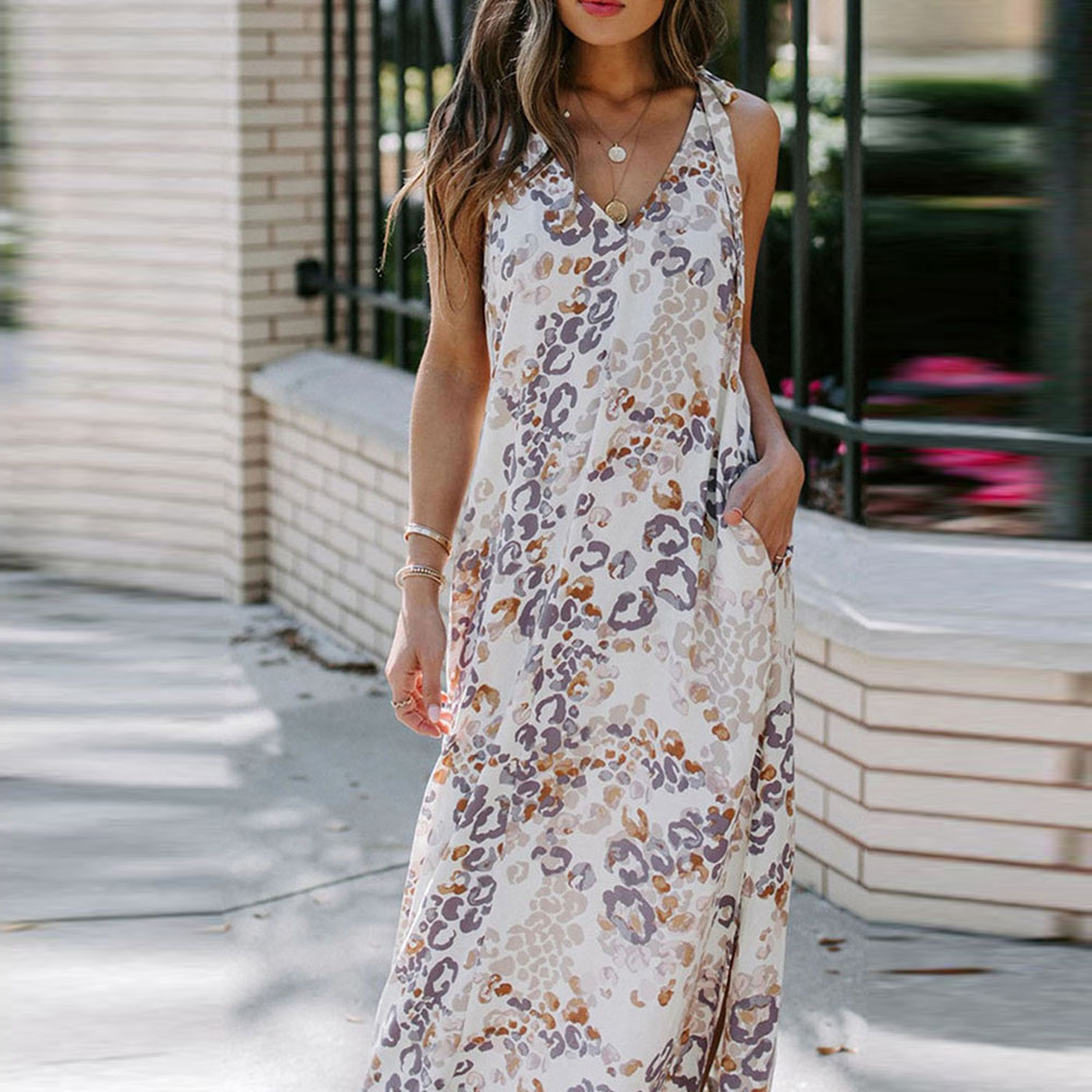 Leisure And Wild Plant Print Deep V Sling Fairy Skirt