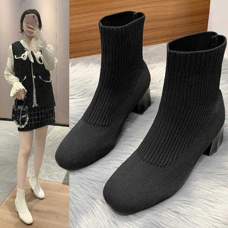 Women's Boots Round Toe Sleeve Thick Heel Flyknit