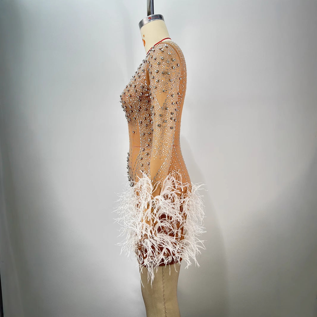 Fashionable Beaded Feather Round-Neck Dress