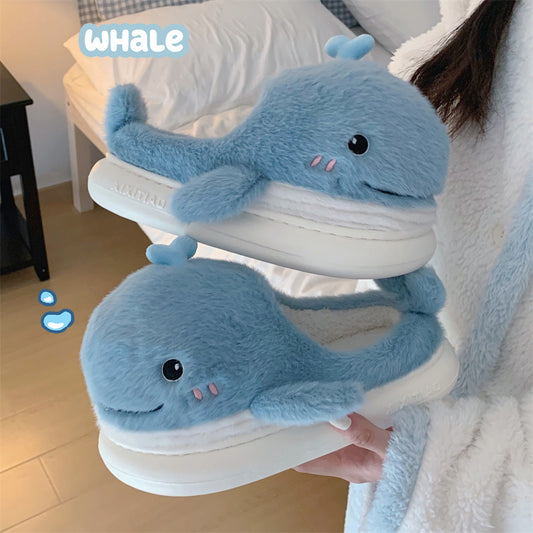 Creative Cartoon Plush Dancing Whale Cotton Slippers Inner Velvet Thermal Soft Soled