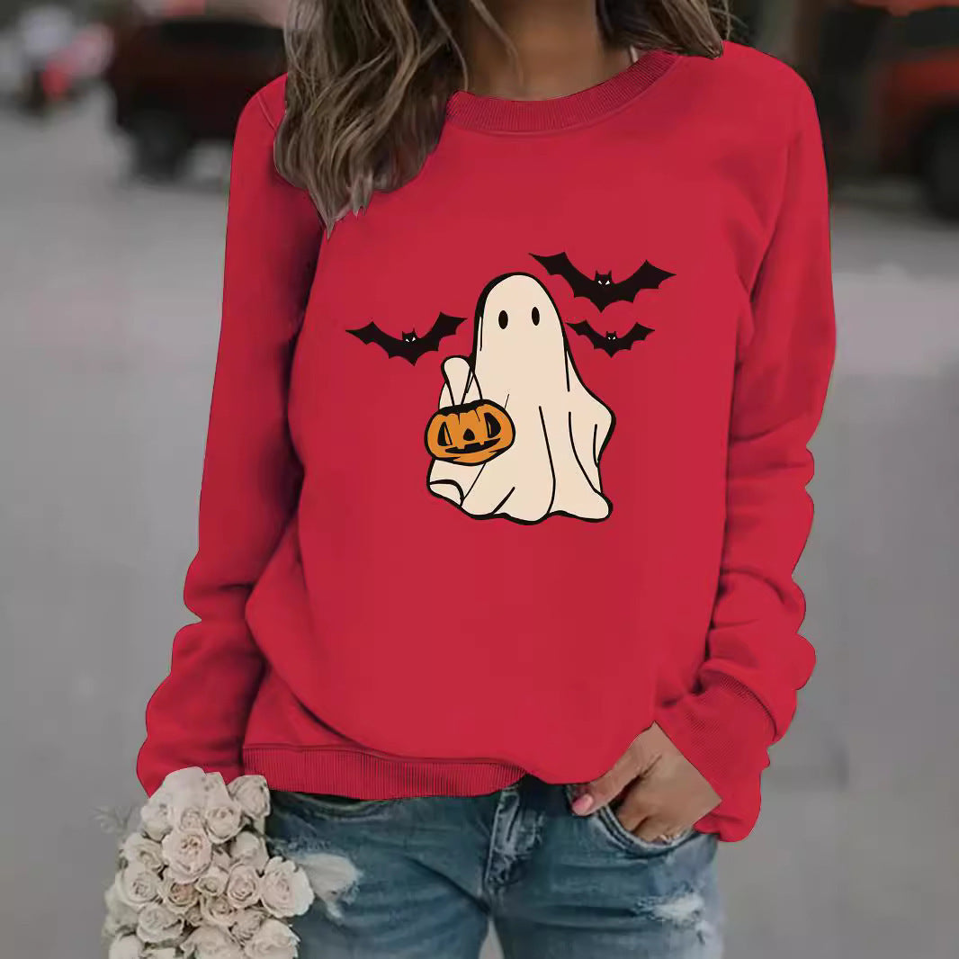 Halloween Casual Long Sleeve Round Neck Cartoon Ghost Print Pullover Sweater Sweatshirt