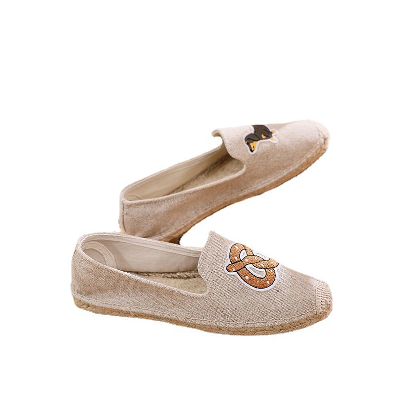 Cartoon Pattern Embroidered Cotton And Linen Shallow Mouth Cloth Shoes