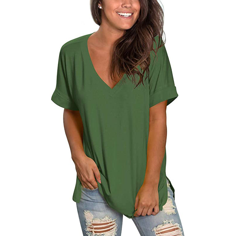 V-neck Solid Color Short-sleeved Top Loose Women's T-shirt