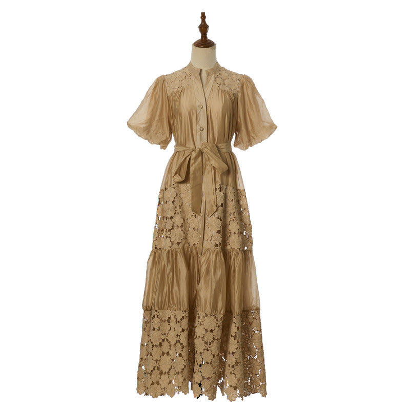 Female Strap Lace Splicing V-neck Bubble Sleeve Dress