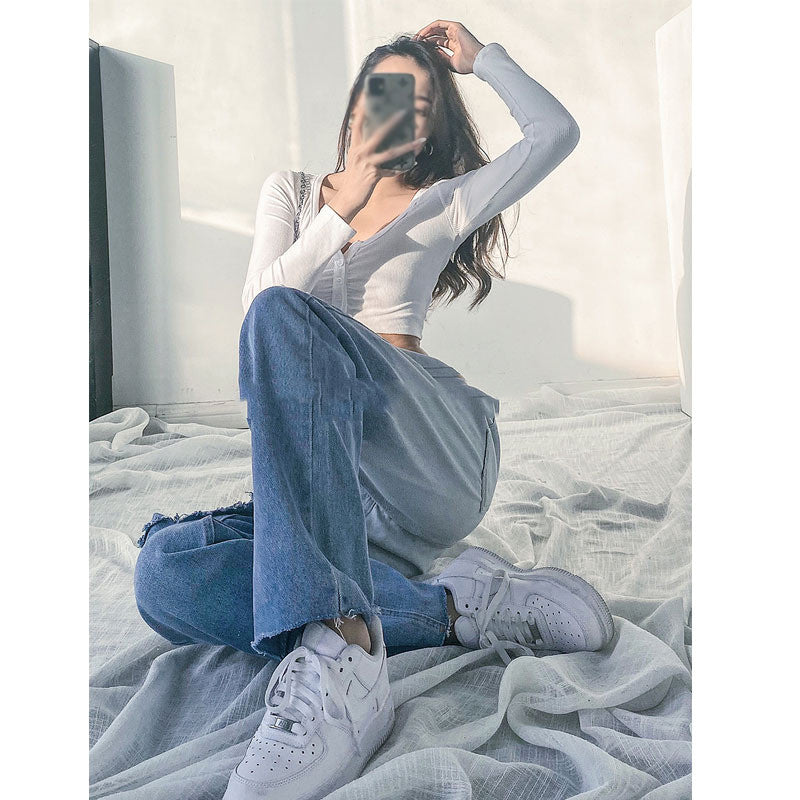 Women's High Waist Loose Shredded Gradient Straight Jeans