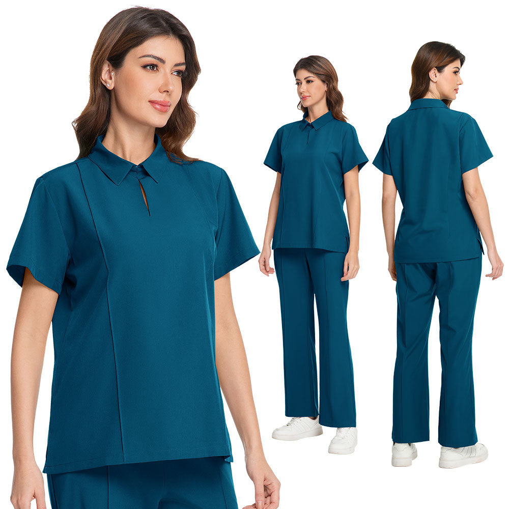 POLO-collar Scrub Top And Short-sleeve Scrub Pants Set For Dental And Oral Care