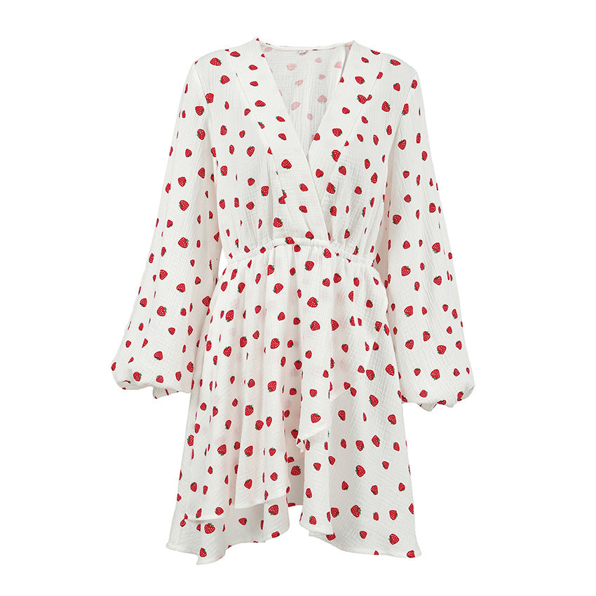 New Strawberry-Print V-Neck Lantern-Sleeve Dress