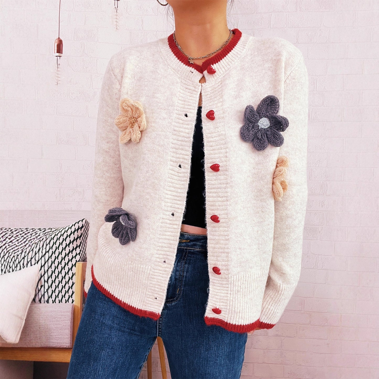 Casual Three-dimensional Flower Decoration Contrast Color Round Neck Knitted Sweater