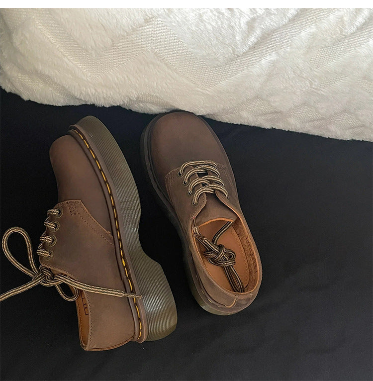 Women's Leather Round Head Thick-soled Muffin Leather Shoes