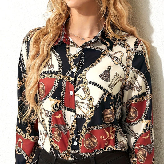 Womens Long-Sleeve Lapel Collar Color-Block Vintage Printed Casual Shirt