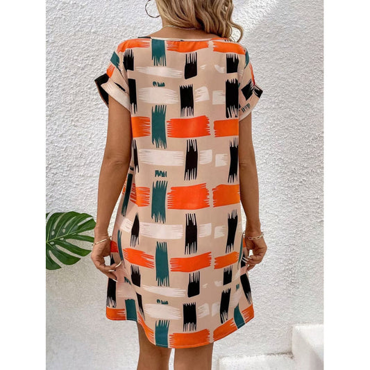 Loose-fitting Casual Crew-neck Printed Short-sleeve Dress