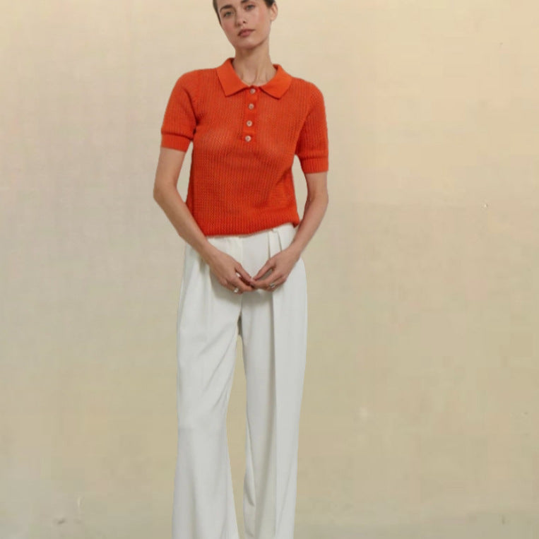 European And American Short Sleeve Lapel Hollow See-through Knitwear Solid Color And V-neck