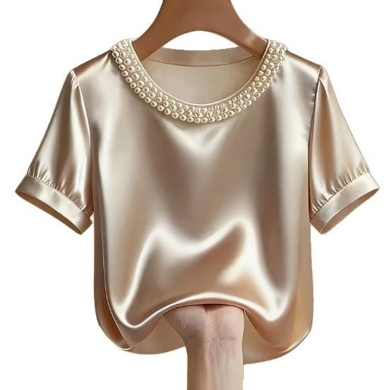 Sleek Stylish And Elegant Beaded Crew-neck Short-sleeve T-shirt