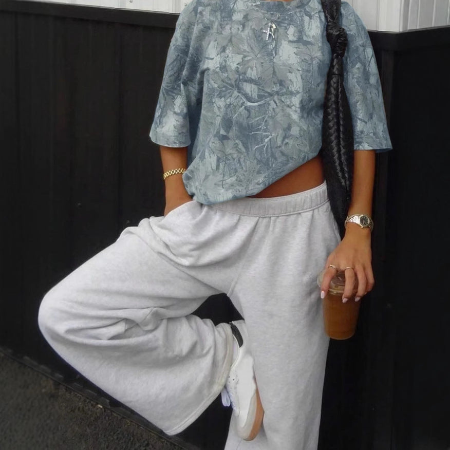 Women's Fashionable Loose All-match Personality Leaf Printed Short Sleeve