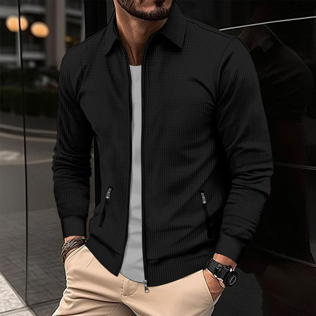 Mænds forårs- og efterårsjakke med vaffelstruktur, lynlåslommer, revers, slim-fit cardigan