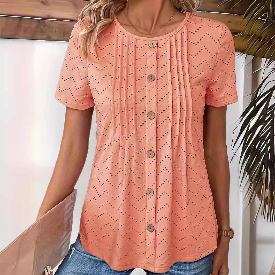 Women's Solid Color Hollow-out Pleated Fake Button Round Neck T-shirt