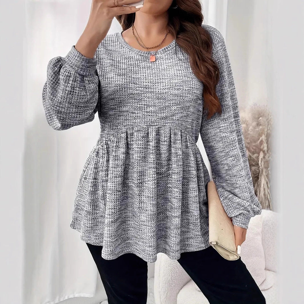 Long Sleeve Tie-dyed Printed Ruffled Hem Lantern Sleeve Round Neck T-shirt