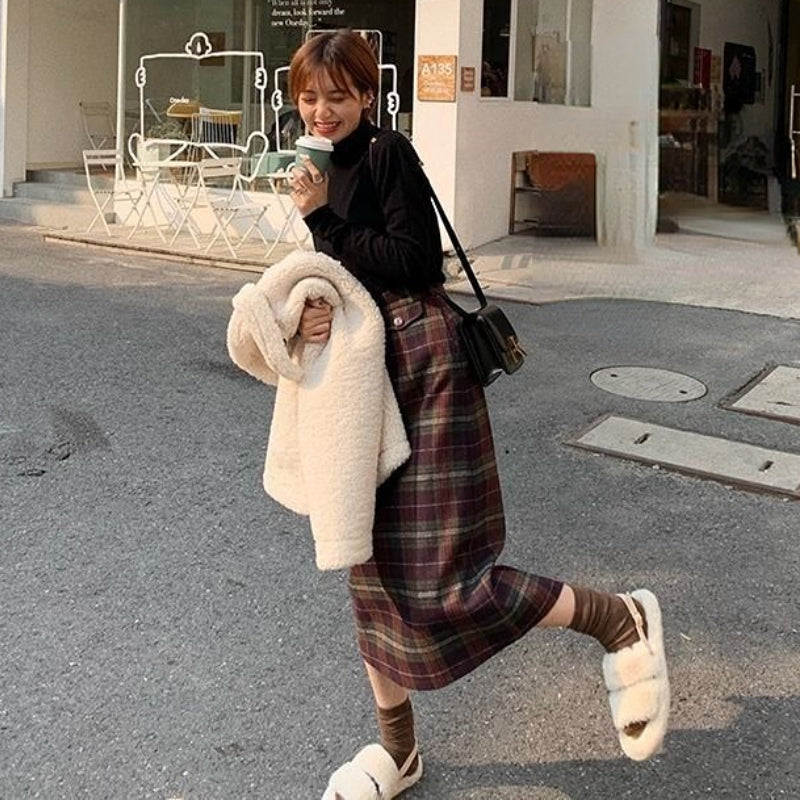 Woolen Plaid Skirt Slimming Versatile