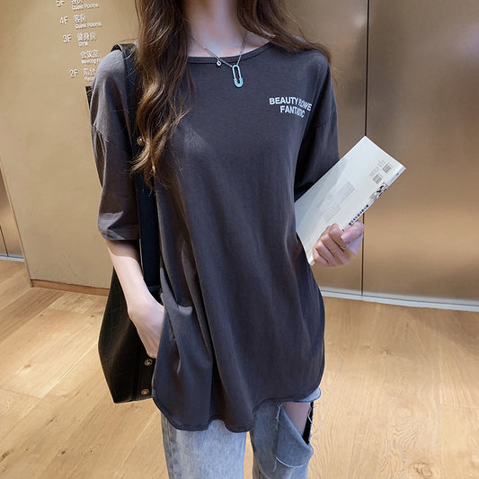 White Split T-shirt Female Plus Size Mid-length Sleeve Mid-length