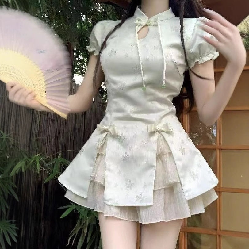 Buttoned-loop Puff-sleeve Skirt Two-piece Set