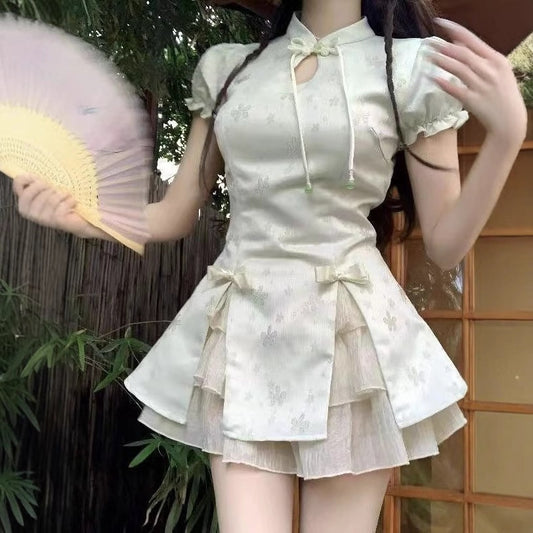 Buttoned-loop Puff-sleeve Skirt Two-piece Set