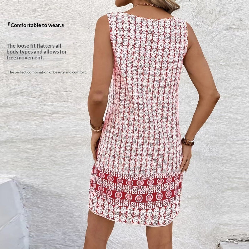 Retro-printed Sleeveless Crew-neck Casual Resort Dress