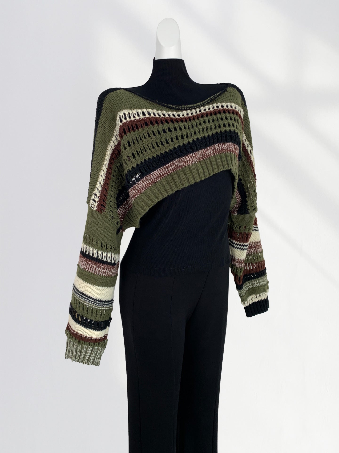 Retro American Hot Girl Lazy Sweater Women's Crocheted Striped Stitching Loose Short