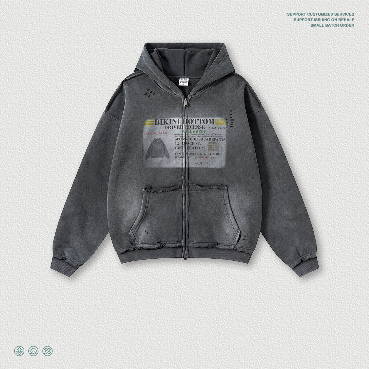 Mens Printed Ripped Zip-Up Hoodie Cardigan Coat