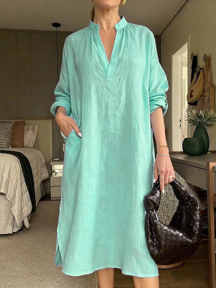 Womens Retro Cotton-Linen Long-Sleeve V-Neck Pocket Dress