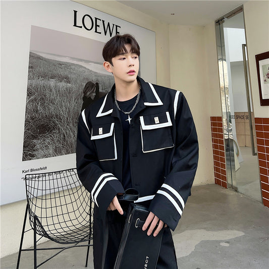 Single Black And White Color Contrast Three-dimensional Large Pocket Metal Button Jacket For Men