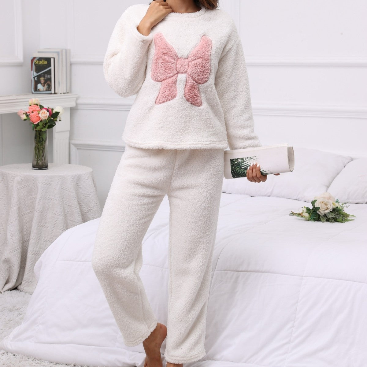 Embroidered Bow Long-sleeved Pants Two-piece Set For Casual Home Wear