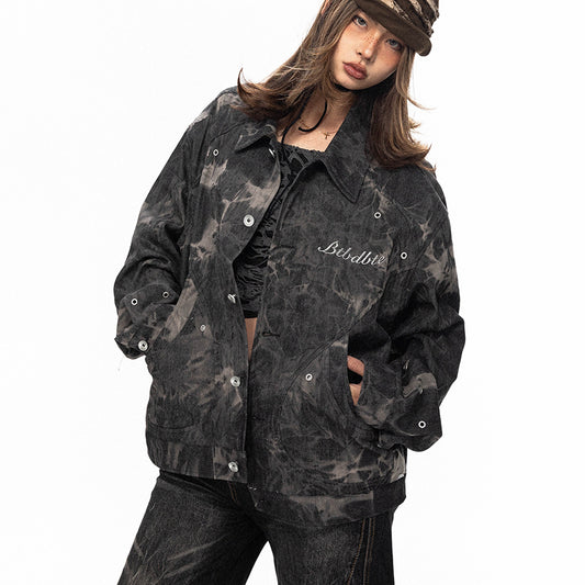 Tie-dyed Embroidered Denim Coat For Women