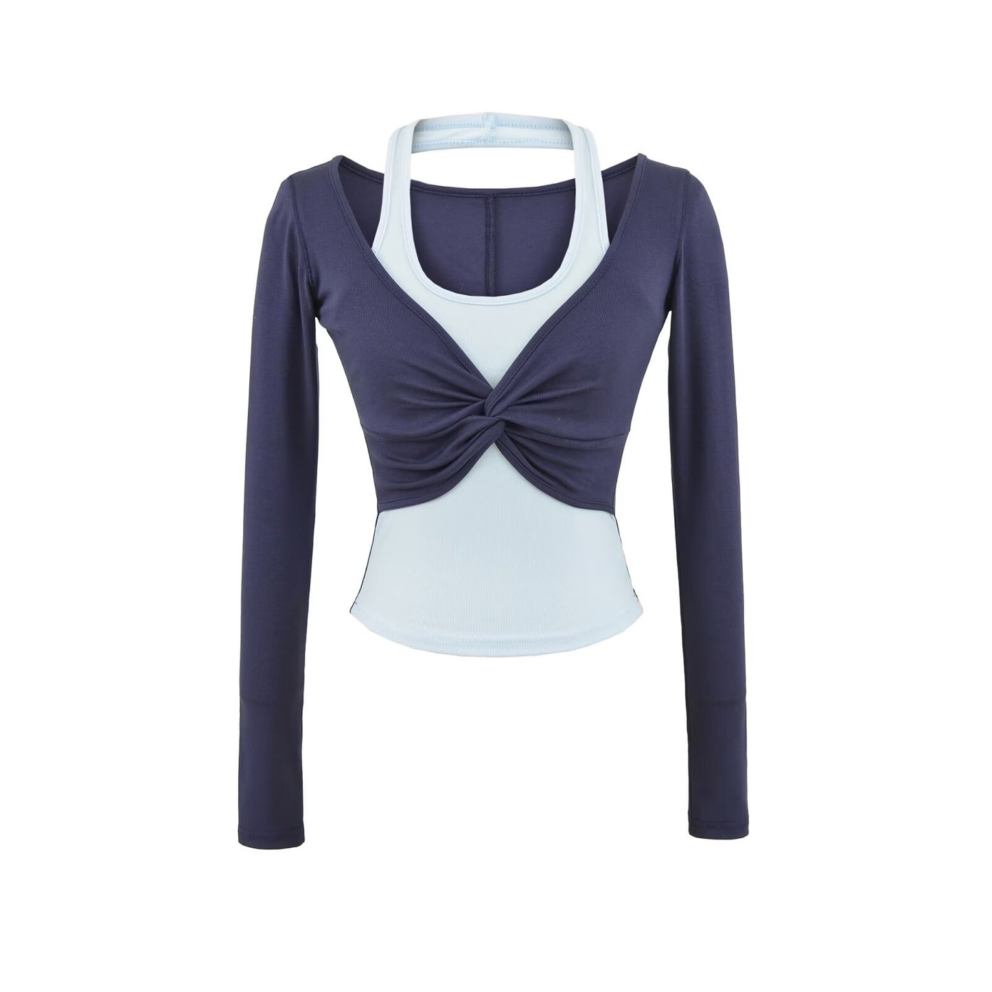 Women's Halterneck Colorblock Fake Two-Piece Long-Sleeve Top