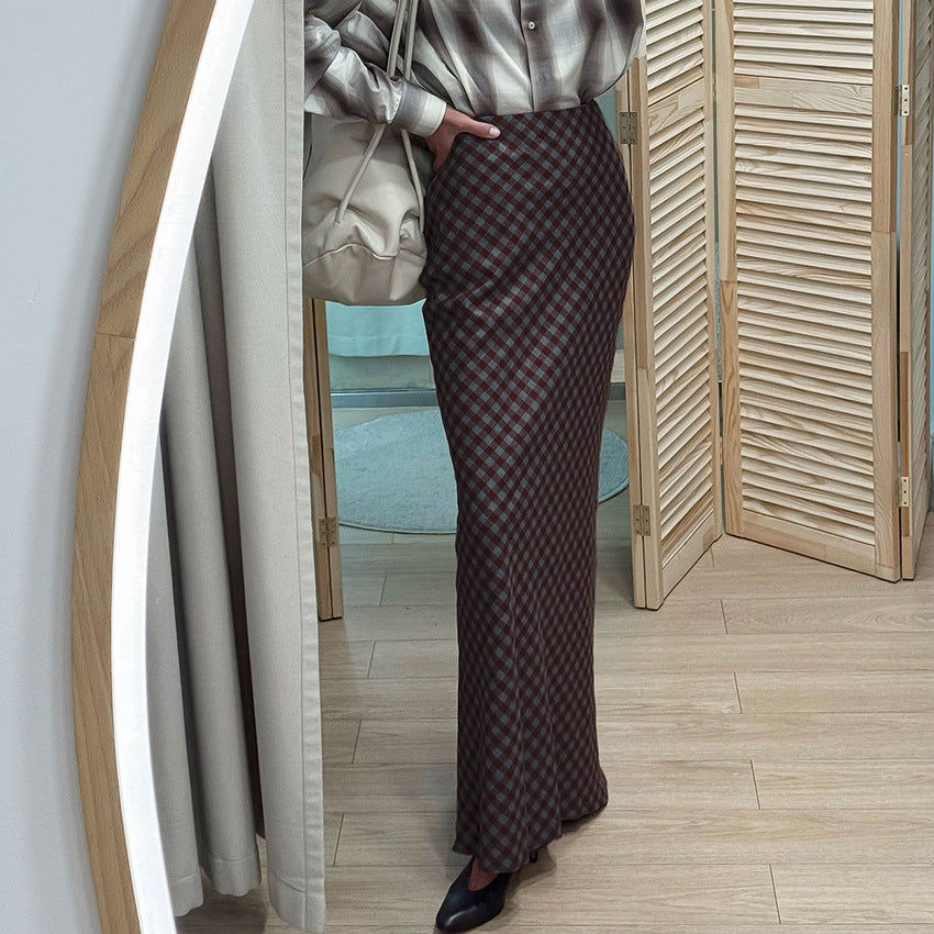 Womens Retro Elegant Fashionable Plaid Long Skirt