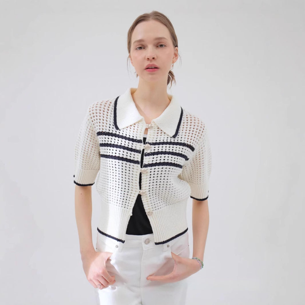 Cardigan Short Sleeve Fit Lapel Fashion Striped Colors